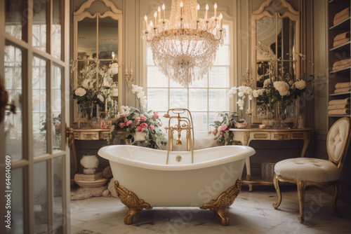 Vintage Glam Bathroom with Crystal Chandelier and Clawfoot Tub