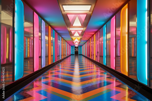 Step into a mesmerizing retro-futurism style hallway interior adorned with vibrant colors and sleek designs photo