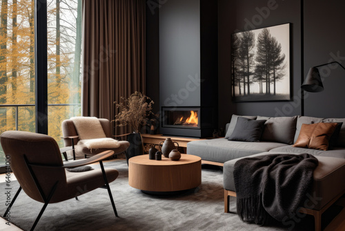 A Cozy and Elegant Living Room Interior in Brown and Gray Colors, Featuring Modern Furniture and Stylish Decor