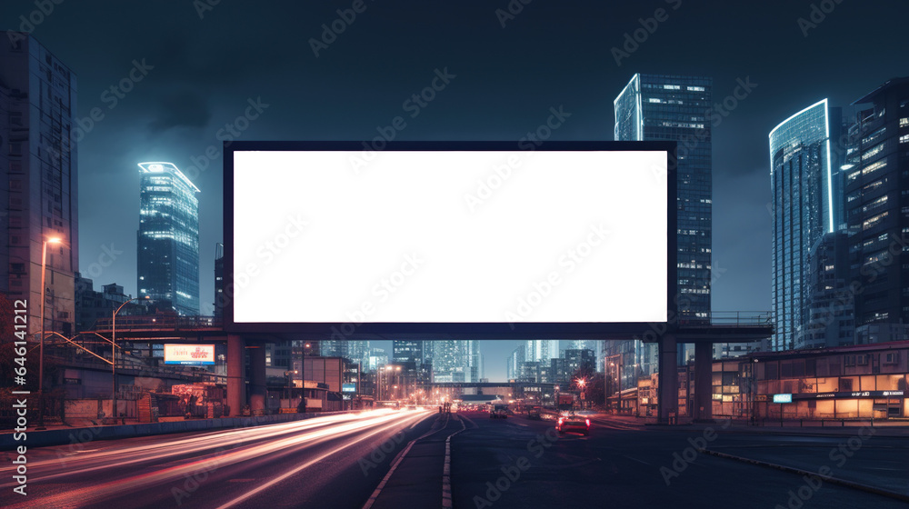 a blank billboard in a neon style city. Transparent billboard template