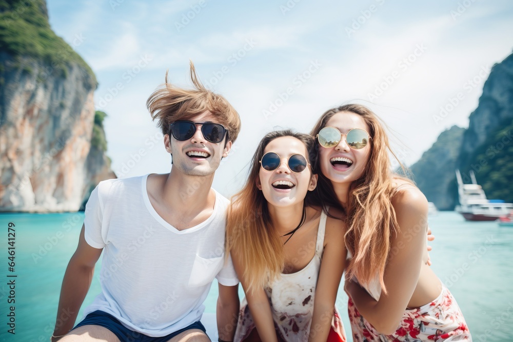 a group of young diverse people students taking a selfie on a wide angle on a vacation in the tropical sunny land, ocean or sea in the background, Thailand or Bali a group of young diverse people students taking a selfie on a wide angle on a vacation in the tropical sunny land, ocean or sea in the background, Thailand or Bali