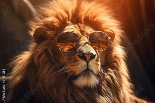 Lion in sunglasses, summer photo. AI generative.