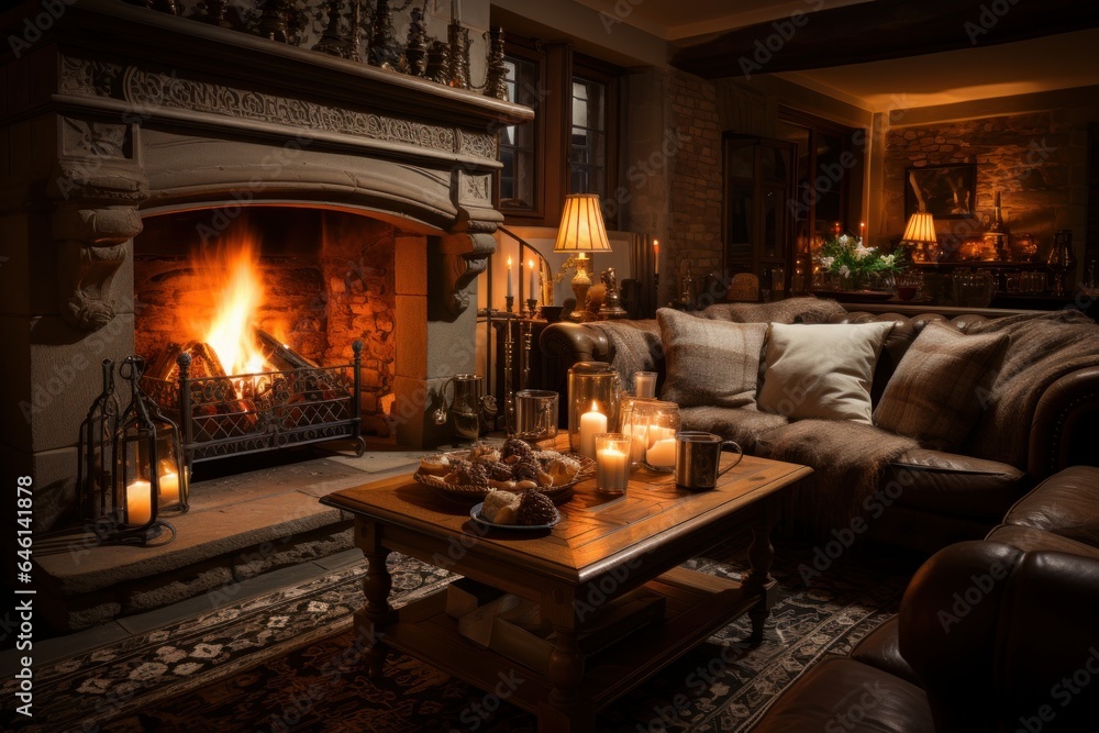 cozy cottage with a fireplace and a comfortable sofa with brown blankets