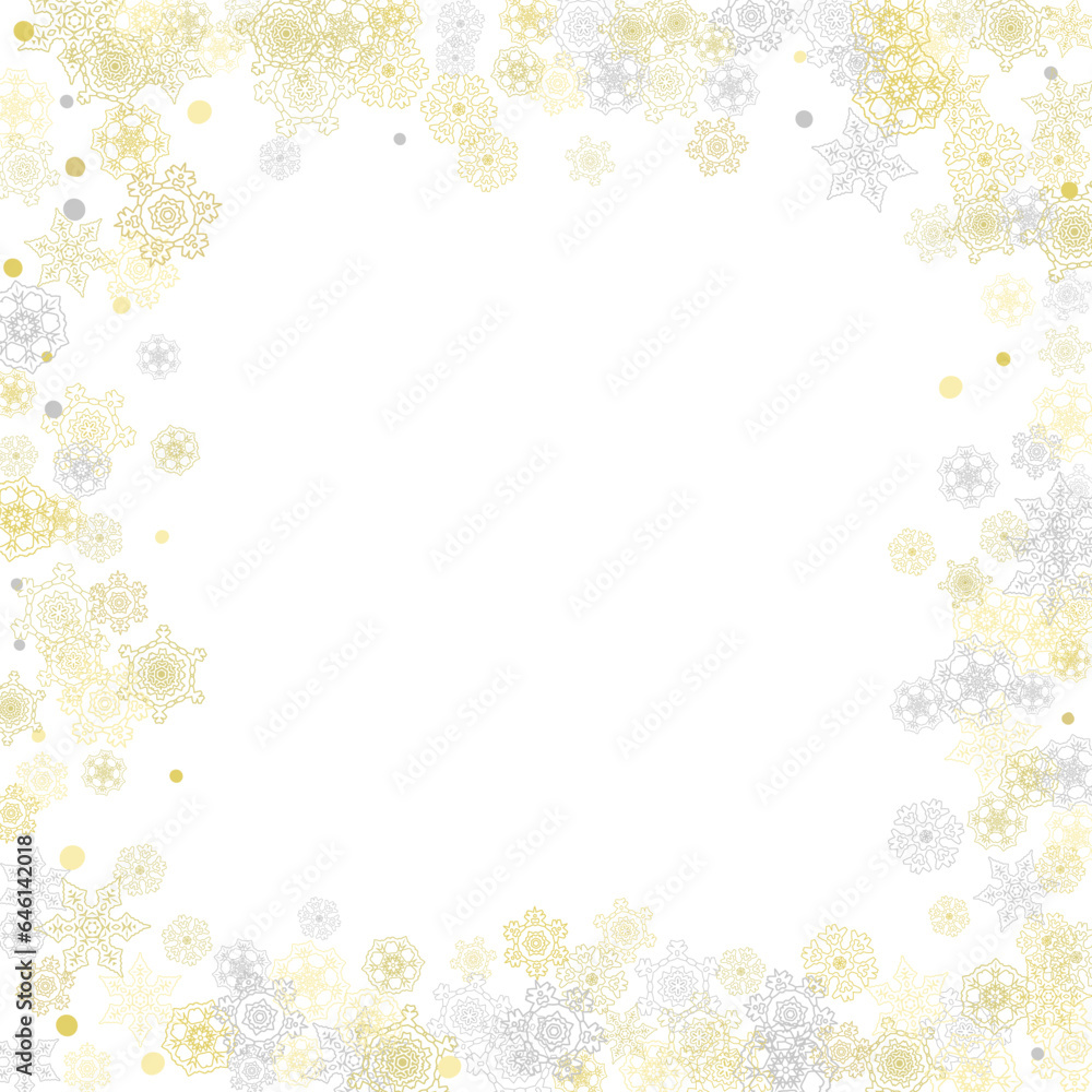 Gold snowflakes frame on white background. New year theme. Stylish shiny Christmas frame for holiday banner, card, sales, special offers. Falling snow with gold snowflakes and glitter for party invite Gold snowflakes frame on white background. New year theme. Stylish shiny Christmas frame for holiday banner, card, sales, special offers. Falling snow with gold snowflakes and glitter for party invite