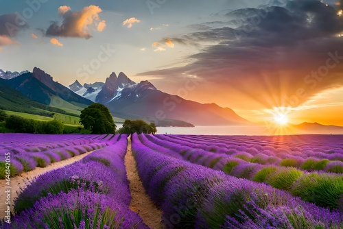 lavender field at sunset generated by al technology 