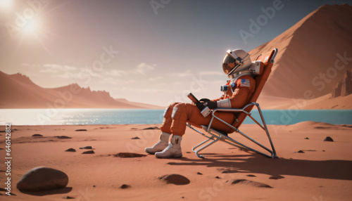 Astronaut on mars chilling on armchair