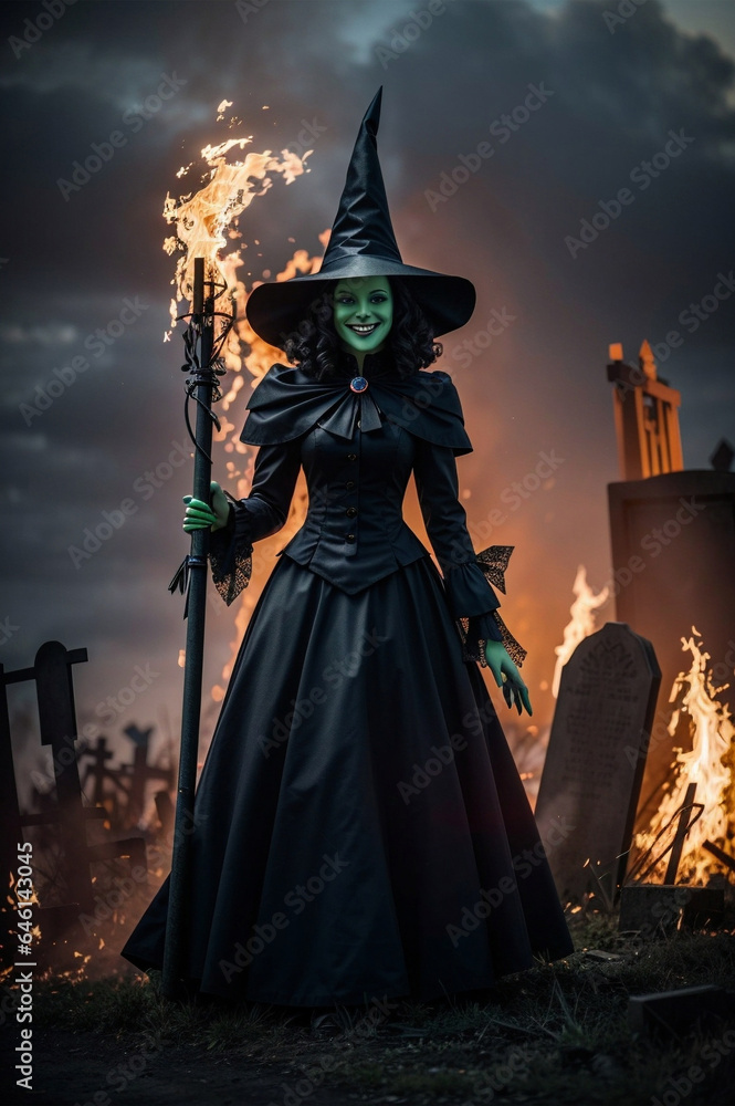 halloween witch with broom and fire with a green face