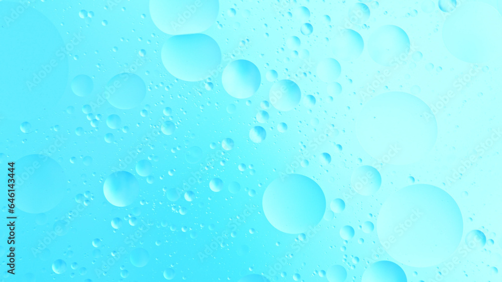Abstract Blue Background Oil in Water surface Foam of Soap with Bubbles.