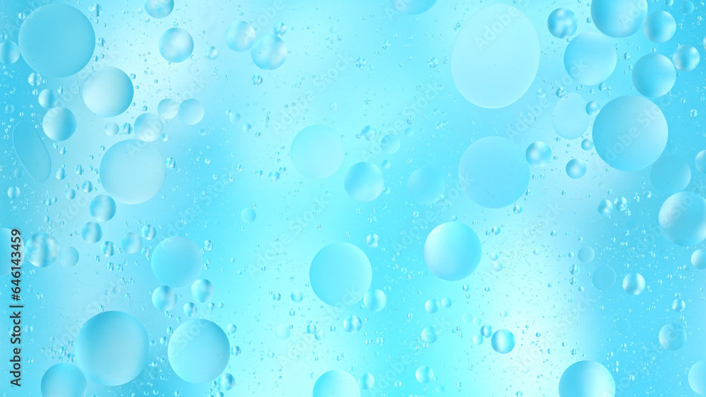 Abstract Blue Background Oil in Water surface Foam of Soap with Bubbles.
