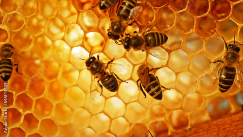 Leinwand Poster Closeup of honey bees on wax honeycomb with hexagonal cells for apiary and beeke