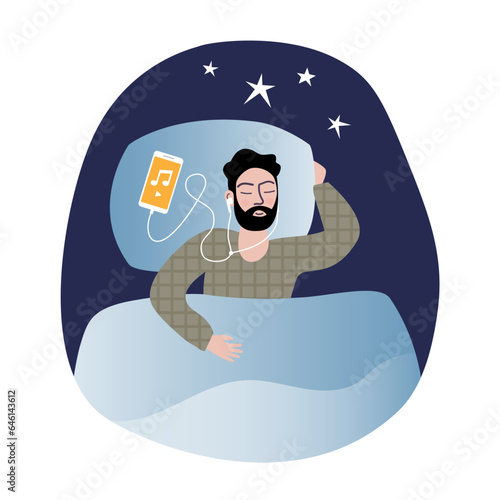 Man falling asleep wearing earphones. Listening to relaxing sounds.