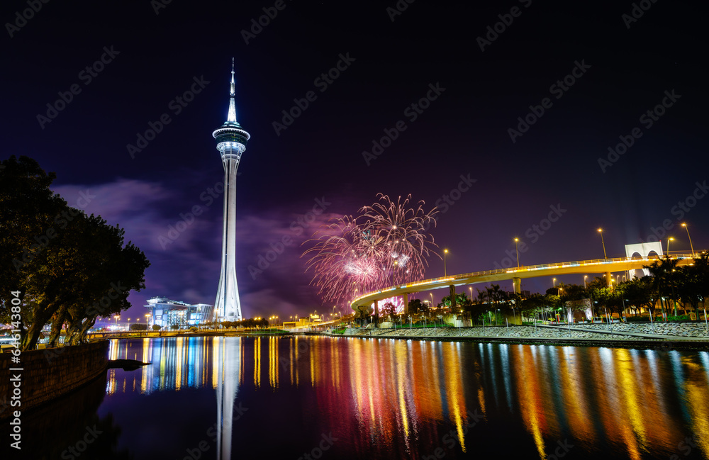 Night view of the Macau Tower with New Year fireworks