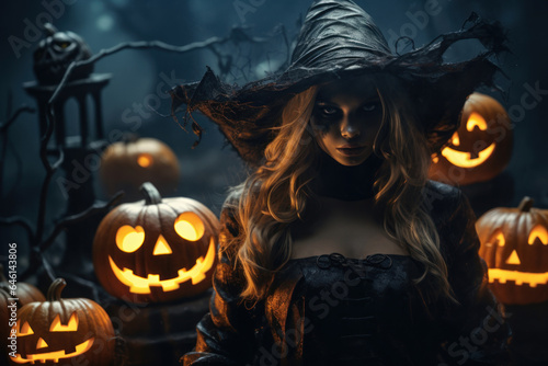 A woman in a black hat dressed as a witch. Halloween, Thanksgiving concept