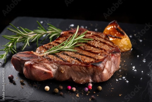 Grilled meat, beef t-bone steak with rosemary on a black stone table.