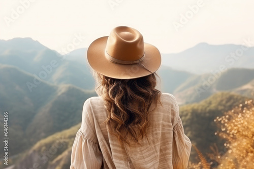 woman traveler with backpack in hat and looking at mountains and forest. hobby, recreation, hiking and tourism