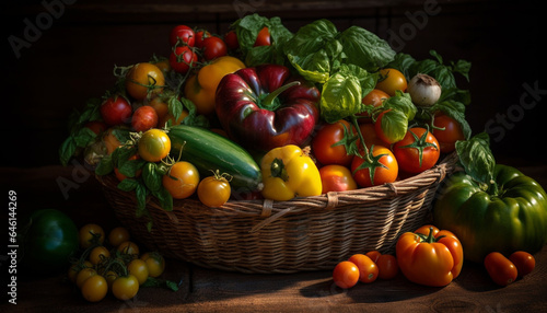 Fresh organic vegetables in a rustic wooden basket on table generated by AI