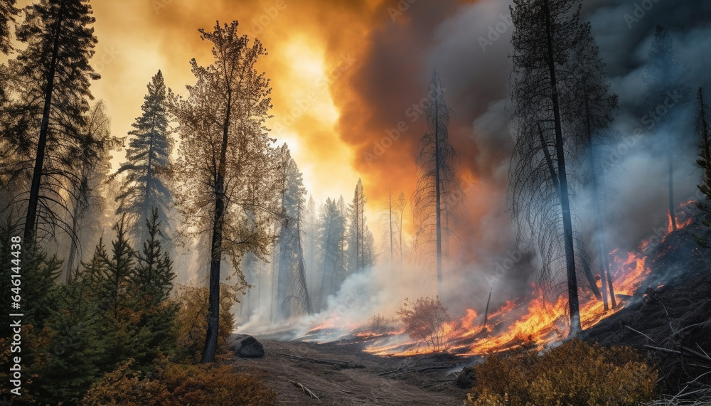 Fototapeta premium Burning pine tree ignites inferno, causing destruction and environmental damage generated by AI