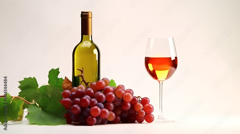 A Bottle and a glass of wine and ripe grapes on white backgorund 
