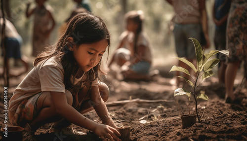 Smiling children planting, learning, and growing together in nature environment generated by AI