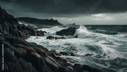 Rough seas crash against cliff, dramatic sky over horizon generated by AI © Stockgiu