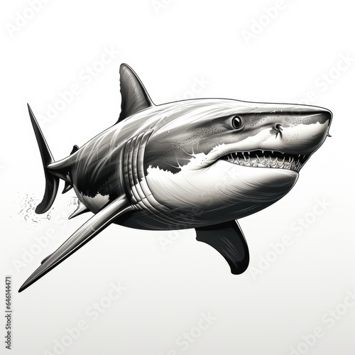 Black and white illustration of a shark. Dangerous shark drawing with simple lines  coloring. Shark character hunts in the sea. Dangerous sea predator. Watch out for the shark. Generative ai.