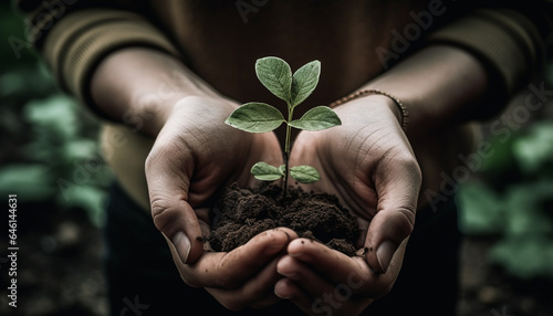 Hand holding small seedling, planting new life for environmental conservation generated by AI