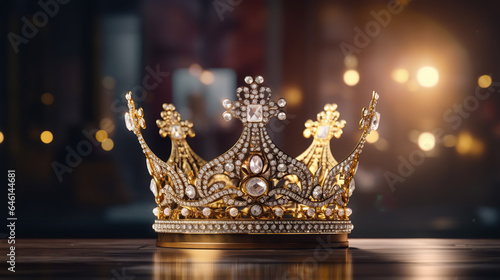 Elegant Gold and diamond crown on the glass background 