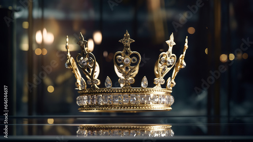 Elegant Gold and diamond crown on the glass background 
