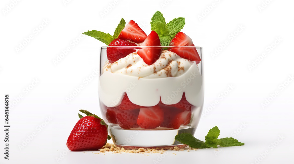 Ripe strawberries with cream in a glass cup on white background Ripe strawberries with cream in a glass cup on white background