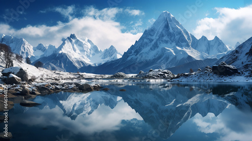 Snowy mountains reflected in the lake 