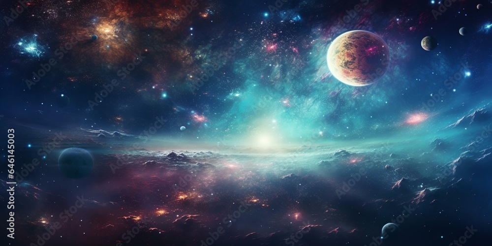 cinematic galaxy with vibrant planets and stars - obrazy, fototapety, plakaty 