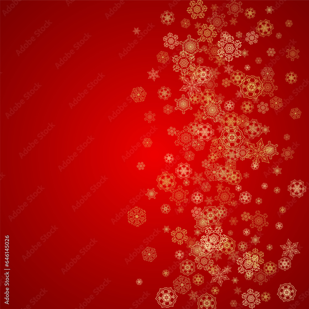 Christmas snowflakes on red background. Glitter frame for seasonal winter banners, gift coupon, voucher, ads, party event. Santa Claus colors with golden Christmas snowflakes. Falling snow for holiday