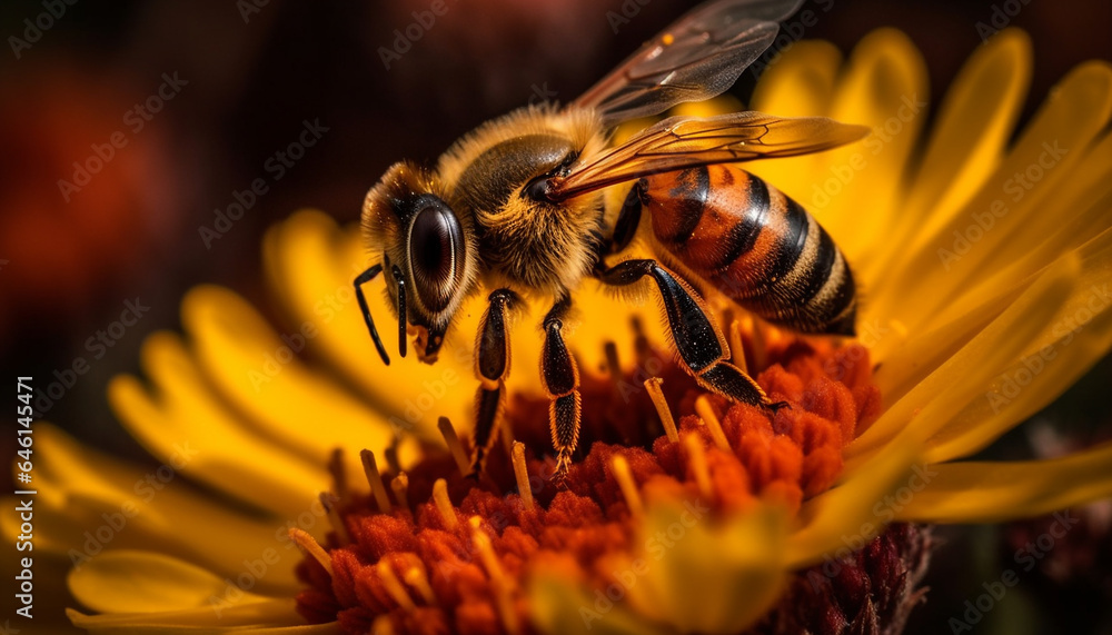 Busy honey bee collecting pollen from a vibrant yellow sunflower generated by AI Busy honey bee collecting pollen from a vibrant yellow sunflower generated by AI