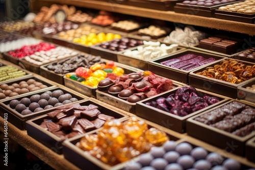 A Long and Tall Chocolate Display in a Market, Filled with a Variety of Colorful and Shiny Chocolates, Looking Very Appetizing © Didikidiw61447
