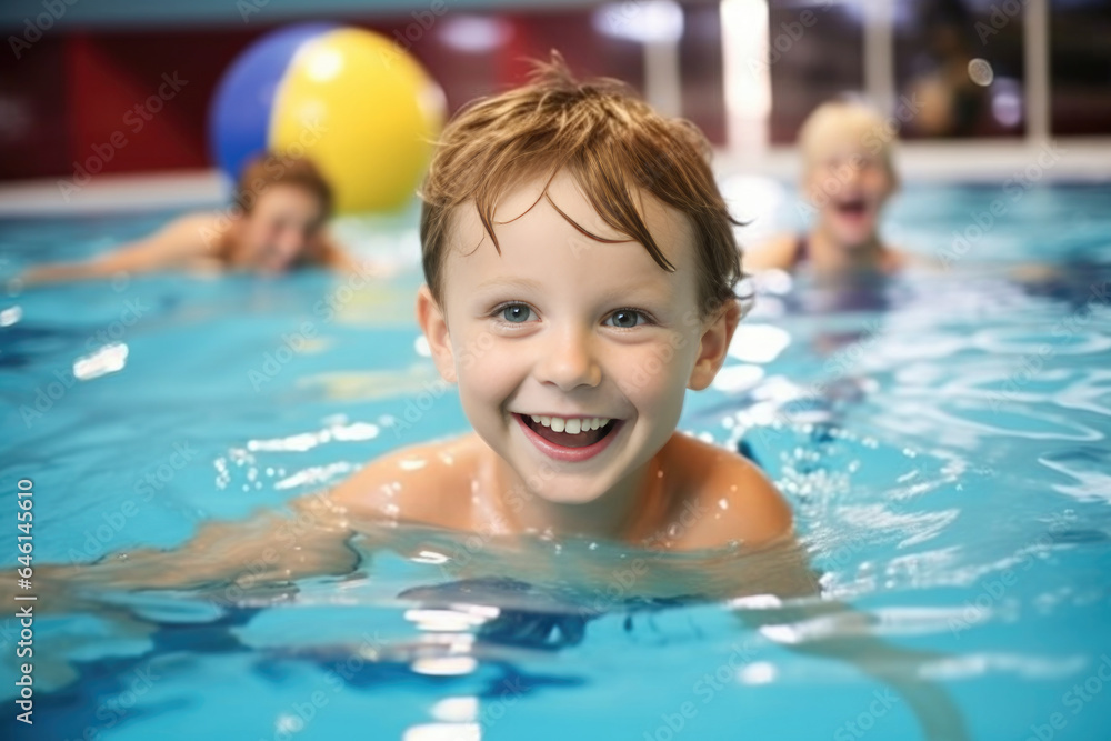 Smiling little boy playing at an indoor swimming pool - obrazy, fototapety, plakaty 