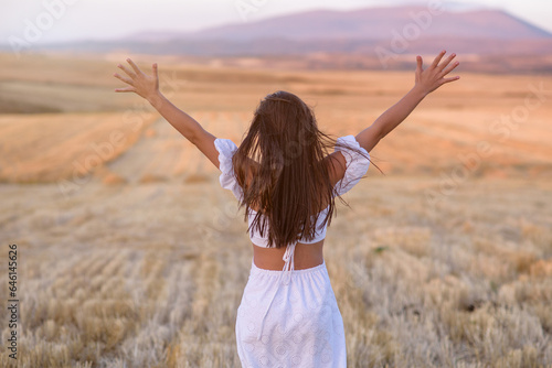 Back view of active girl raised her hands, feeling freedom in wheat field with warm sunshine.