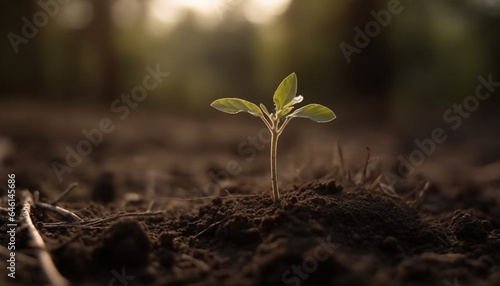 New life emerges from wet soil, a small sapling grows generated by AI