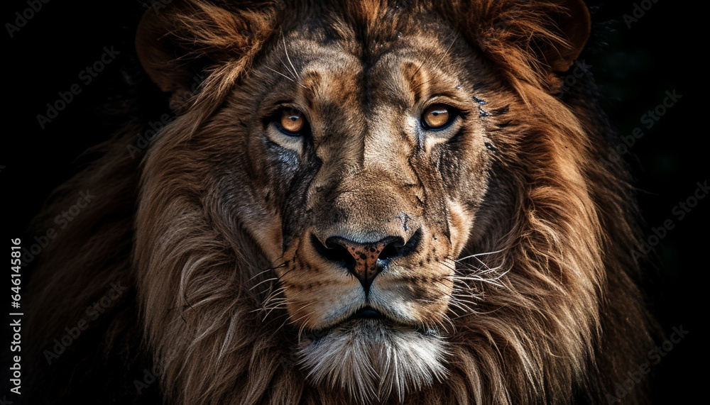 Majestic lion staring at camera in African wilderness, showcasing strength generated by AI