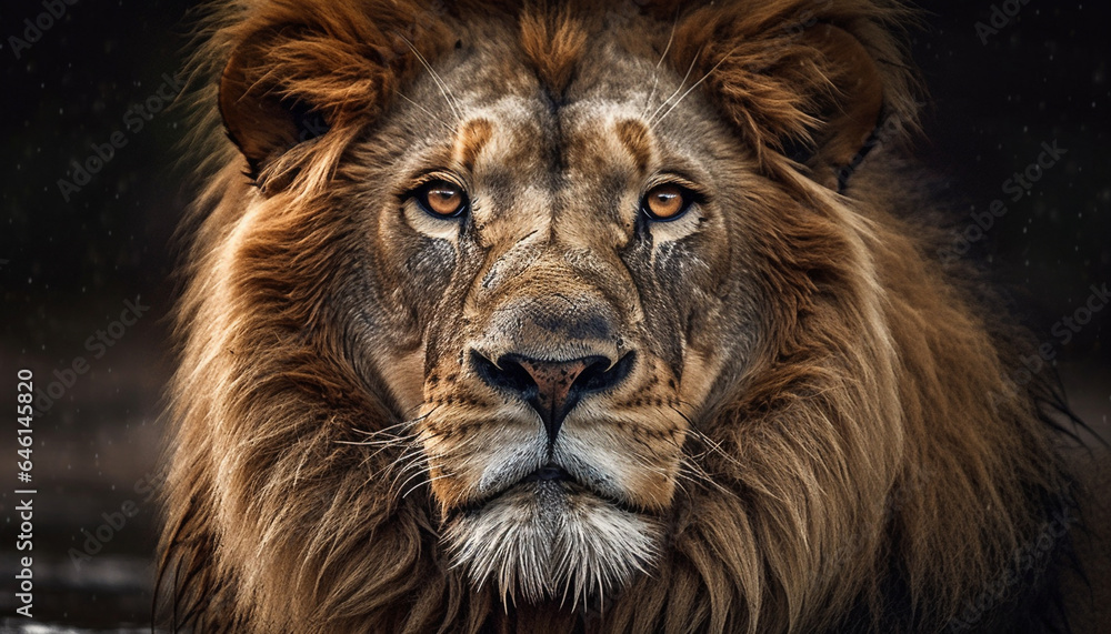 Majestic lion staring, close up portrait of a powerful big cat generated by AI