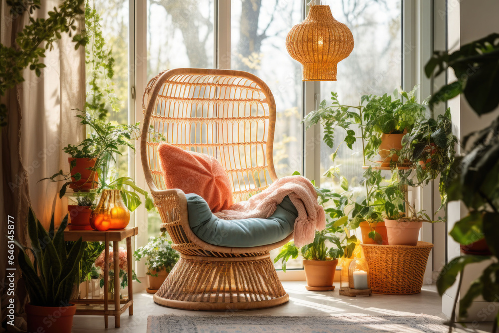 Blanket and pillows on rattan armchair next to plants. Boho and cozy interior of living room. Generative AI