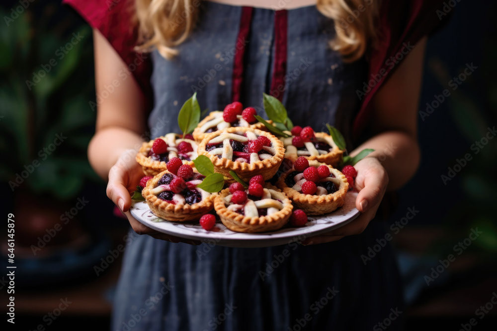 A freshly baked berry pie in the hands of a woman. Generative AI