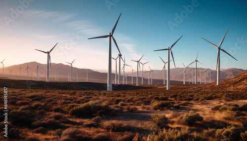 Wind turbines spinning in a row, powering sustainable resources at dusk generated by AI