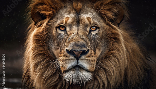 Majestic lion staring, close up portrait of a powerful big cat generated by AI