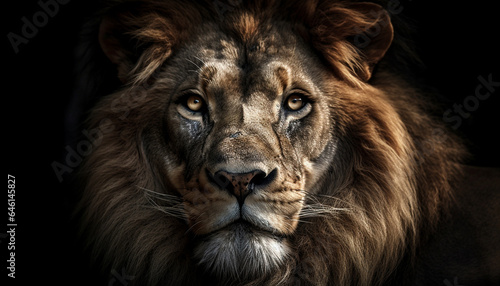 Majestic lion staring, close up portrait of a powerful hunter generated by AI