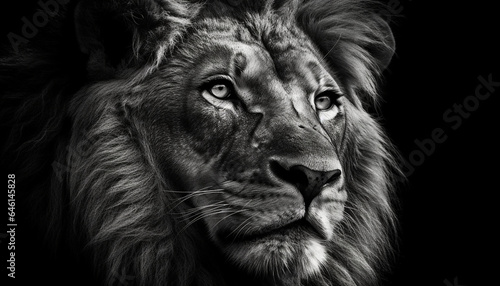Majestic lion staring  teeth bared  in black and white portrait generated by AI