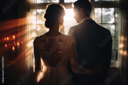 Back view of a couple on their wedding. Bride and groom in window light. Wedding day ceremony. Generative AI