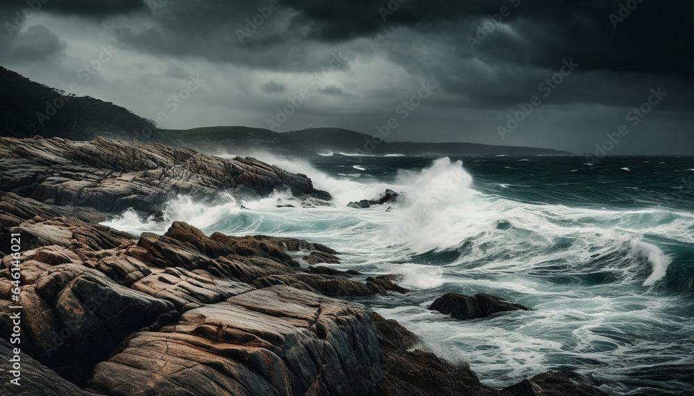 Dark horizon over water, dramatic sky, crashing waves, rough seascape generated by AI