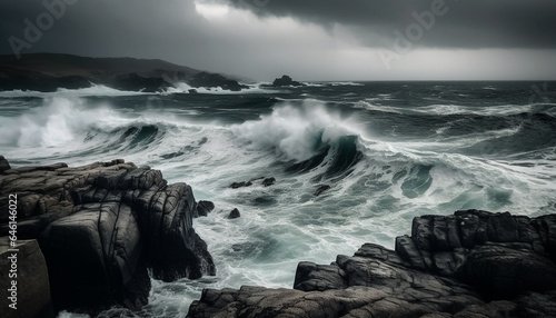 Dramatic sky over rough seascape  crashing waves on wet rocks generated by AI
