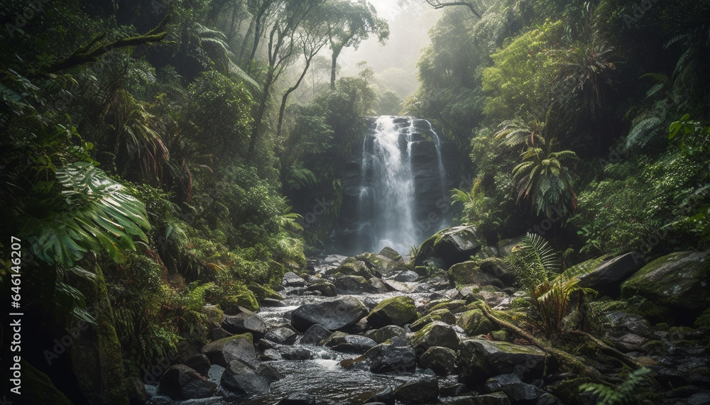 Tranquil scene of a tropical rainforest with flowing water and ferns generated by AI