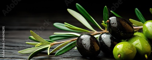 Delicious olives with leaves on dark background